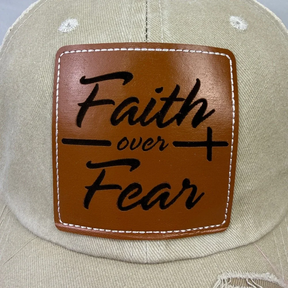 Faith Over Fear Christian Cross Distressed Trucker Hat Snapback Leather Patch